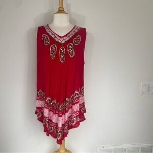 NWT New California Women's Red Green Floral Embroidered Tunic Tank Top Size L/XL